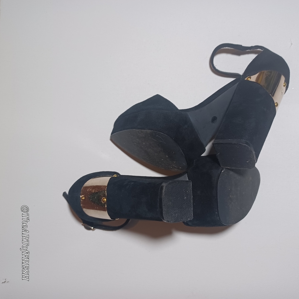 Black Suede Block Heels with Gold Accents - Picture 10 of 16